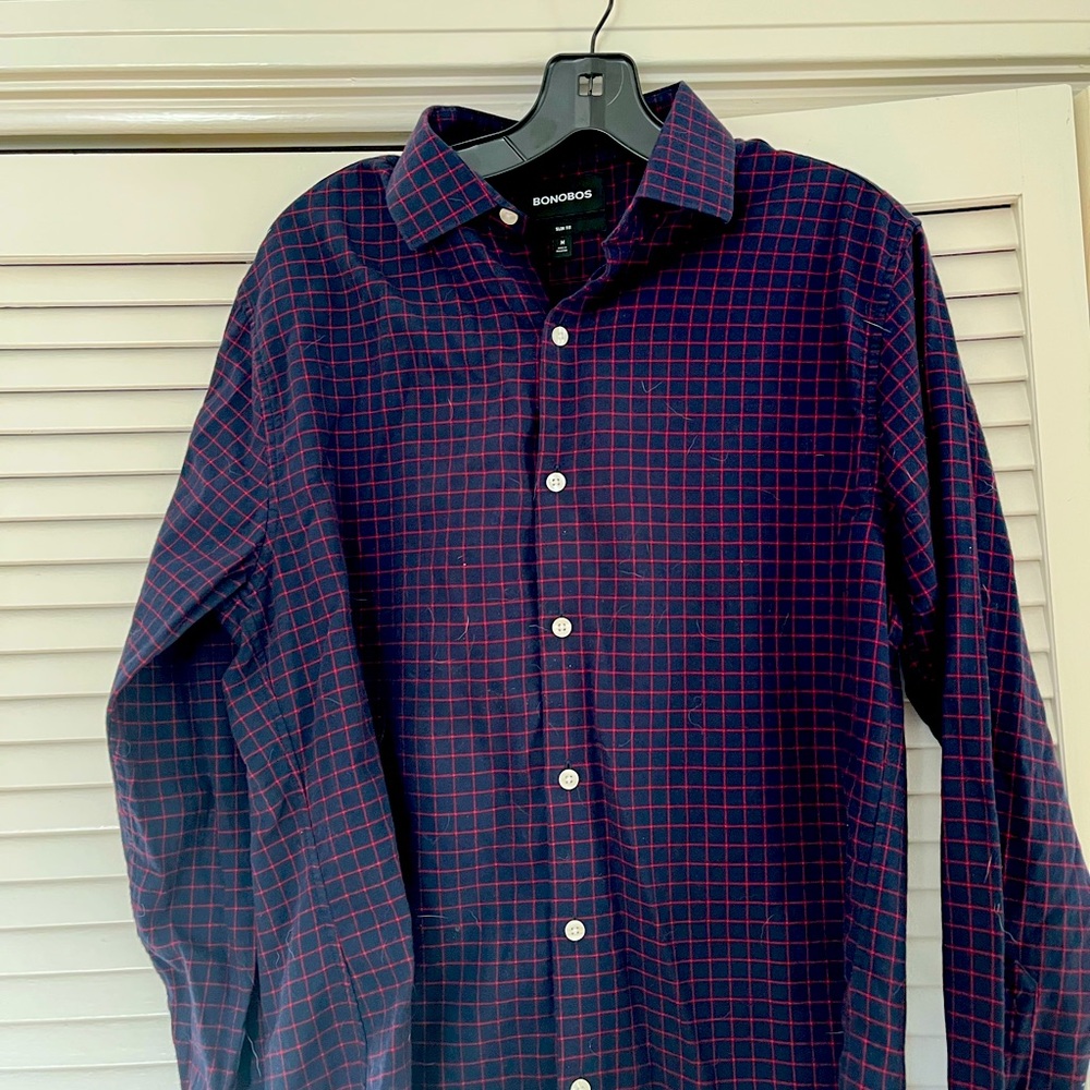 NWOT BONOBOS Slim Fit Navy and Red Checkered shirt medium